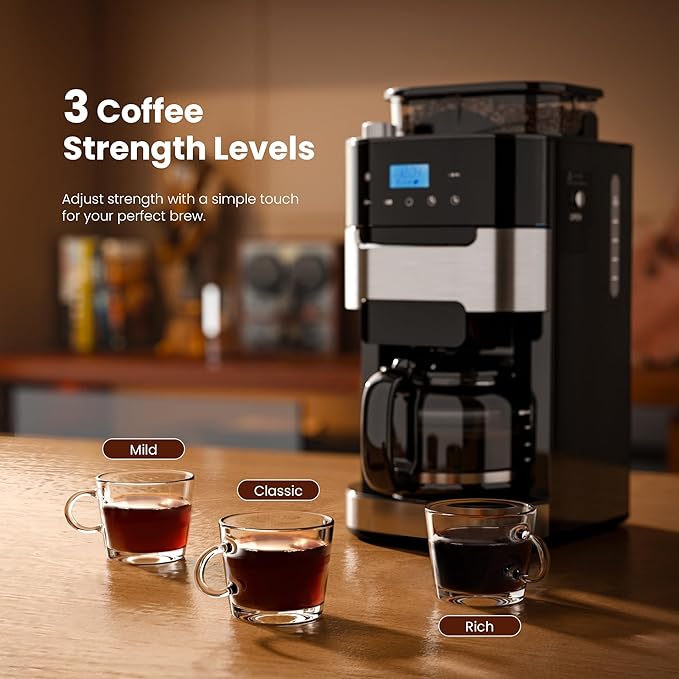 Kismile 10-Cup Digital Drip Coffee Maker with Built-In Grinder, Programmable, 12H Timer, Keep-Warm Function, Customizable Strength & Grind Size, Coffee Machines with Smart LED Touchscreen