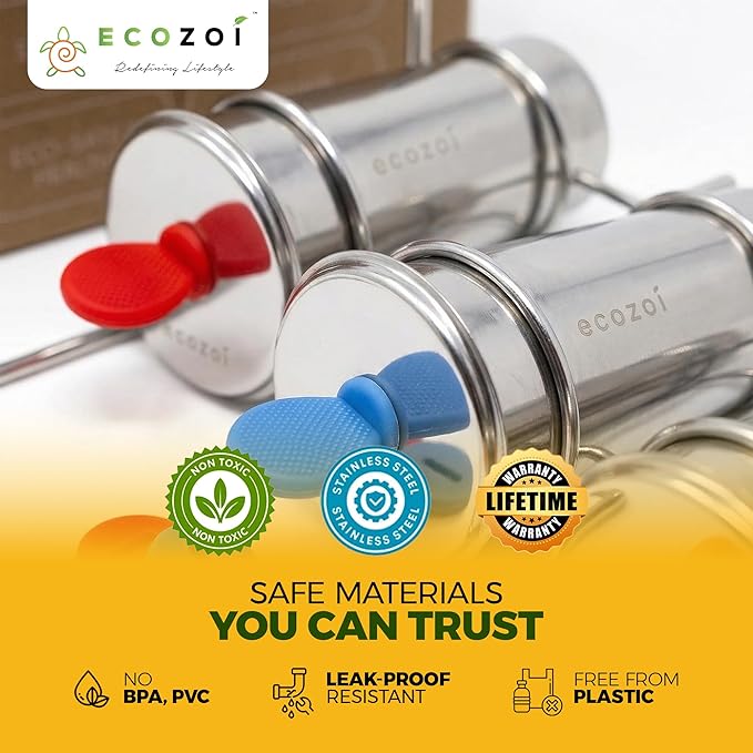 Ecozoi Stainless Steel Popsicle Molds, 6 Ice Popsicle Makers, 6 Stainless Steel Sticks, 12 Silicone Seals and 1 Coconut Cleaning Brush, Eco Popsicle Molds for Kids and Adults, 4 oz Per Mold (Round)