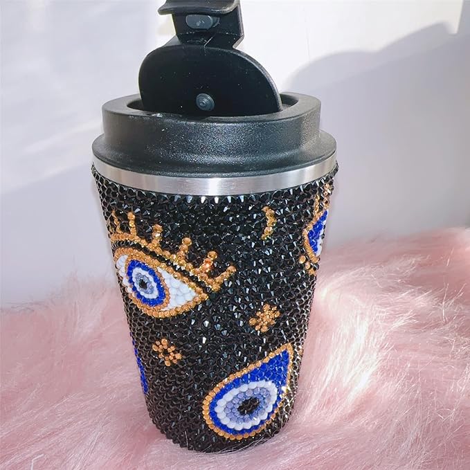 380ML Sparkle Black Crystal Evil Eyes Decorate Water Cup,Glitter Rhinestone Stainless Steel Keep Cold/Hot Coffee Mug