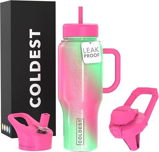 Coldest Tumbler with Handle and Straw - 100% Spill Proof Tumbler with Straw (3 Lids) - Stainless Steel Insulated Leakproof Tumblers for Women & Men - 36 oz (Coldie Dream)