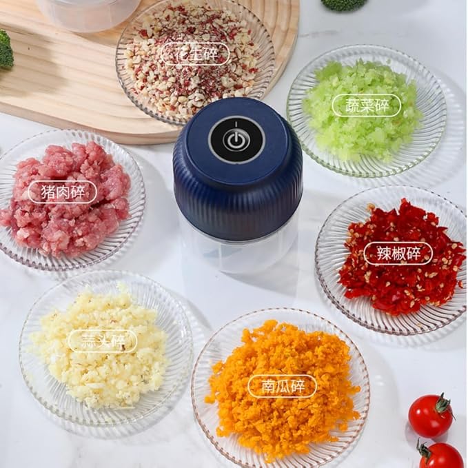 300ML USB Rechargeable Electric Garlic Chopper, Mini Portable Veggie Cutter with Eggbeater&4/6 Knife Heads, Veggie Chopper with Container and Lid, Vegetable Crusher (Blue B)