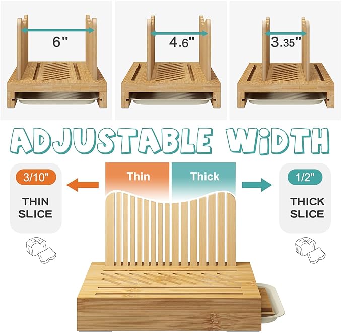 Bamboo Bread Slicer - Adjustable Width Guides. Sturdy Wooden Cutting Board. Easy Slicing for Homemade Bread, Bagels & More
