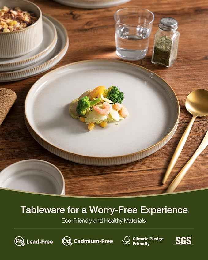 Famiware Star Dinnerware Set with Pasta Bowls, Service for 6 (24 Pieces), Ribbed Stoneware Plates and Double Bowls Sets - Chip & Scratch Resistant, Microwave & Dishwasher Safe Dishes, Cappuccino White