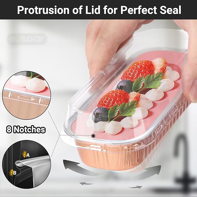 EUSOAR Disposable Aluminum Ramekins, 25pcs 6.8oz 6.5"x2.5"x1.2" Foil Mini Loaf Pans with Lids，Cupcake Baking Cups Containers Wrappers, Dessert Cheesecake Creme Brulee Ramekins Pan-Rose Gold
