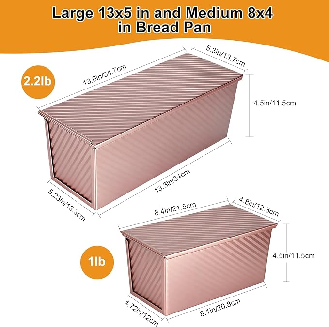 2 PCS Pullman Loaf Pan With Lid, 2.2 LB/1 LB Sandwich Bread Loaf Pan, Non-Stick Bread Loaf Baking Pan With Lid, for Baking Bread, Sandwiches and Toast