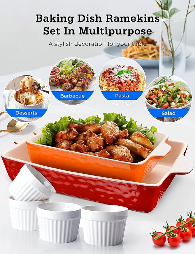 Ceramic Baking Dish and Ramekins Set Casserole Dish with Handles Packaging Upgrade Nonstick Ceramic Bakeware Ramekins Bowls for Baking Souffle, Cooking, Cakes, Lasagna & Gift, Red
