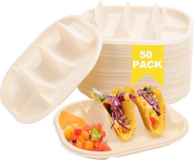 Small Disposable Taco Plates With Dipping Sides - 50 Pack, Biodegradable Cornstarch Taco Holder, Mini Size Fit 4-6 Inch Street Tortilla Shells, Sturdy & Microwave Safe, Bar Serving Set For A Party