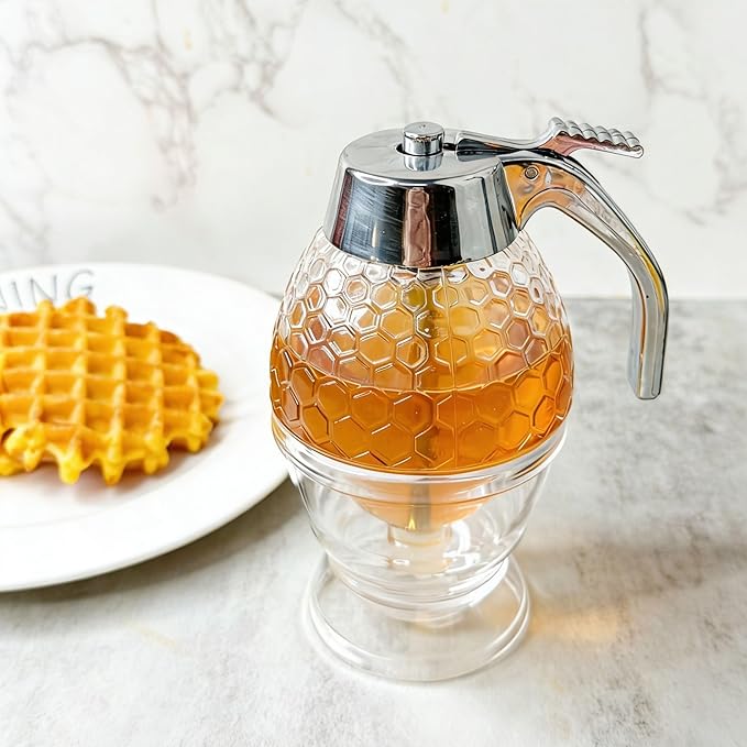 Acrylic Honey Dispenser, Honey Pot with Base, Maple Syrup Honey Container, Anti Drip Honey Jar