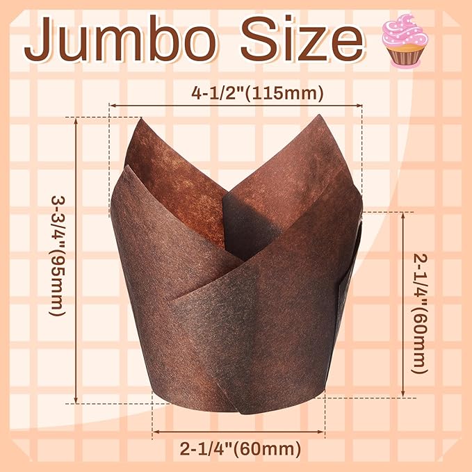 Motiskyy 300 Pcs Jumbo Muffin Liners for Baking 2-1/4" x 4" Large Tulip Cupcake Liners Greaseproof Cupcake Wrapper Paper for Weddings Birthday Christmas Anniversaries Party (Brown)