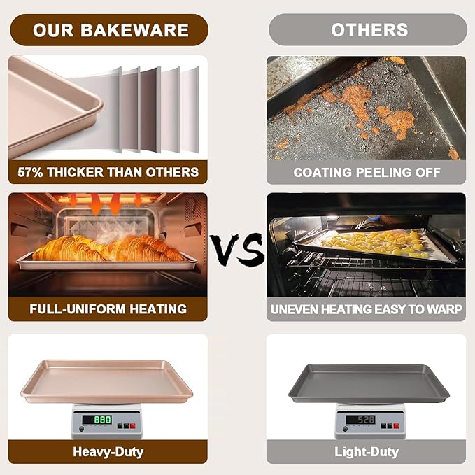 Wildone 2 Pack Half Sheet Baking Pans, Nonstick Baking Sheet for Oven, Thicker Carbon Steel Cookie Sheet 17.5x12 Inch, Heavy Duty & Easy Clean, Rose Gold