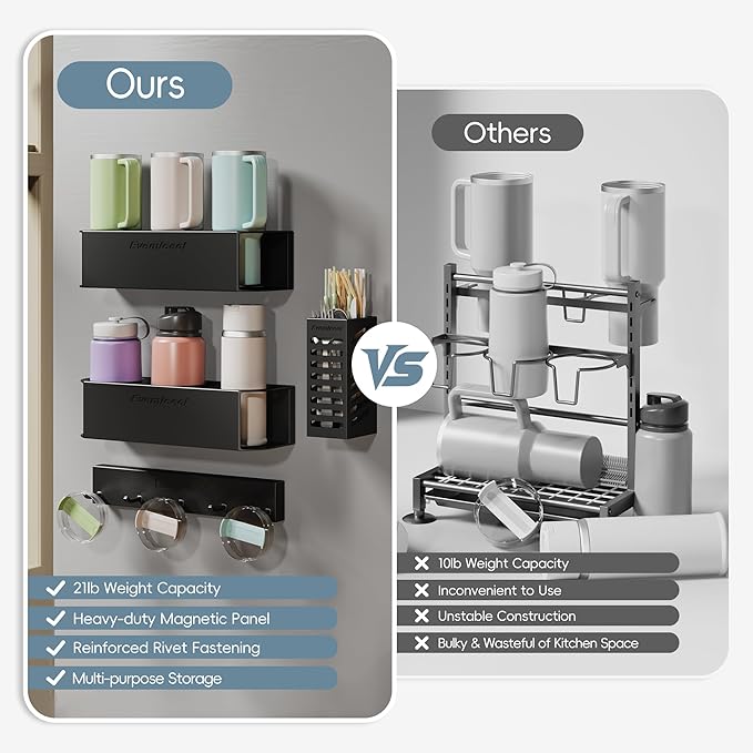 Magnetic Cup Holder for Fridge for 20/30/40 oz Stanley Tumblers Water Bottle Organizers 2 Pack & Lid Hooks with Straw Accessories Kitchen Storage (6 Cups, 5 Hooks)