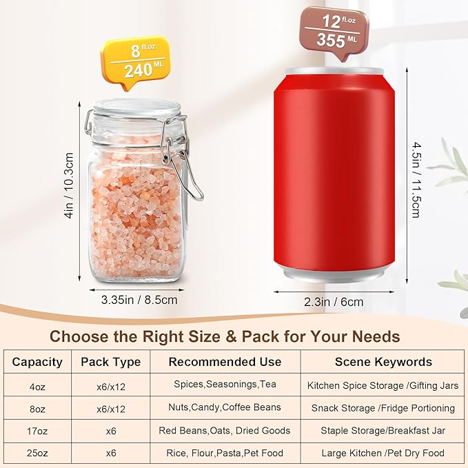 Spice Jars 8 oz Glass Jars with Airtight Lids, Set of 6 Small Glass Spice Jars with Labels, Kitchen Storage Containers for Herbs, Seasoning, Pantry Organization