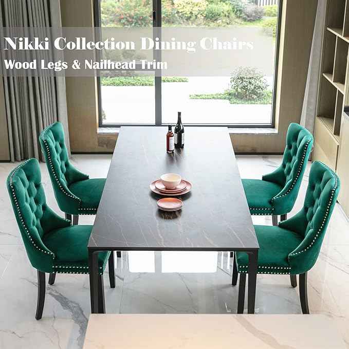 Green Velvet Dining Chairs Set of 2, Upholstered Dining Room Chairs with Back Ring Pull Trim and Solid Wood Legs, Tufted Wingback Kitchen Chairs for Dining Room,Living Room,Kitchen(Green)