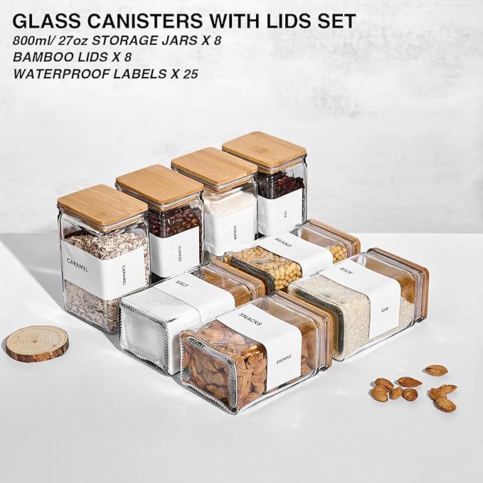 Glass Storage Jars with Bamboo Lids, 27oz Square Food Storage Containers for Kitchen Pantry Organization, Storage Canisters with Labels for Cereal Flour Beans Tea, Large Spice jars Seasoning Bottles