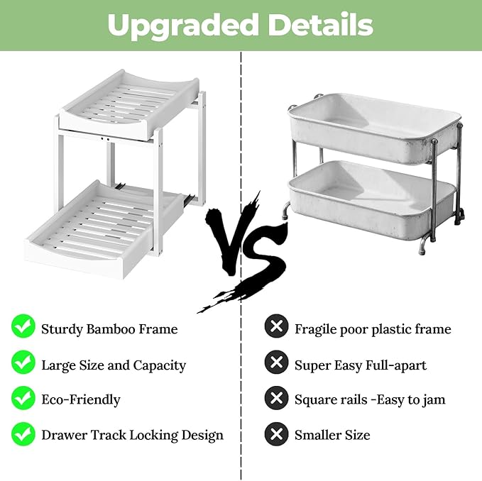 MHXW SXPN Bamboo Under Sink Organizer and Storage, Pull Out Cabinet Organization, 2 Tier Vertical Slide Out Undersink Storage Shelf, Organizer Shelves for Kitchen Bathroom Medicine (White, 2 Pack)