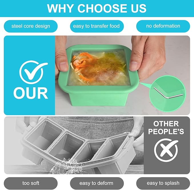Silicone Freezer Tray with Lid 4 Pack Silicone Freezer Molds Ice Cube Tray Makes 4 Perfect 2 Cup Portions Soup Cubes Meal Prep Containers- Oven & Dishwasher Safe