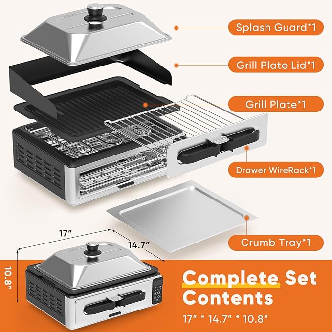 OLIXIS Electric Grill Indoor for Steak and Veggies, Smokeles Griddle with Lid for Kitchen Cooking, Countertop Oven Includes Temp Control/Grill Plate/Splash Guard/Crumb Tray, Black/Silver