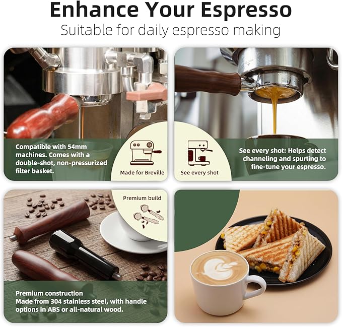 54mm Bottomless Portafilter for Breville Barista Express/Pro/Touch/Bambino18-21g Precision Basket, Stainless Steel 304 Filter Basket,Naked Portafilter for Espresso Extraction(54mm Black)