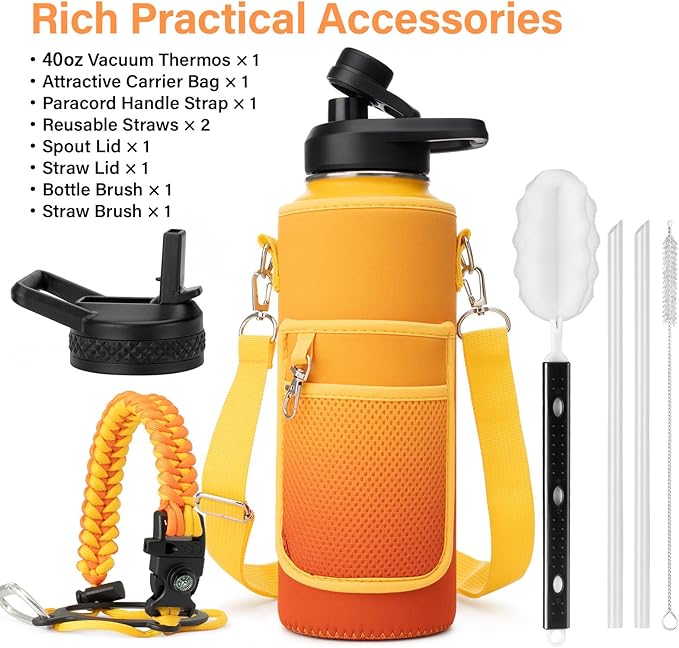 DYSANKY 40 oz Insulated Water Bottle | Thickened Stainless Steel Vacuum Metal | Portable Sports Water Jug for Gym and Hiking with Straw, Carrier Bag, Handle Strap | BPA-Free 40 oz