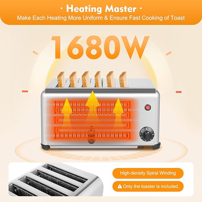 Commercial 6 Slice Toaster, 1680W 110V Commercial Bread Baking Machine with 2 Modes & Timer Function, Stainless Steel Electric Toast Sandwiches Making Tool for Home Kitchen Restaurant Bakery