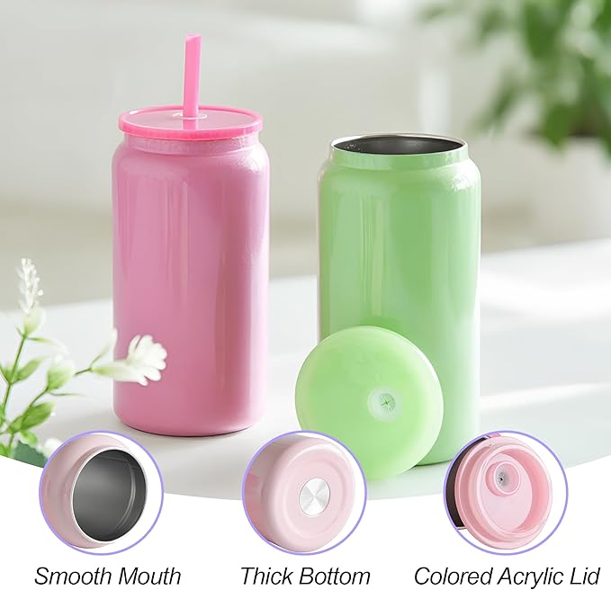 6 Pack Glass Cups with Lids and Straws Unbreakable 16 oz Stainless Steel Can Cup Double Wall Insulated Beer Can Tumbler for Iced Coffee, Juice, Soda, Iridescent-Colored