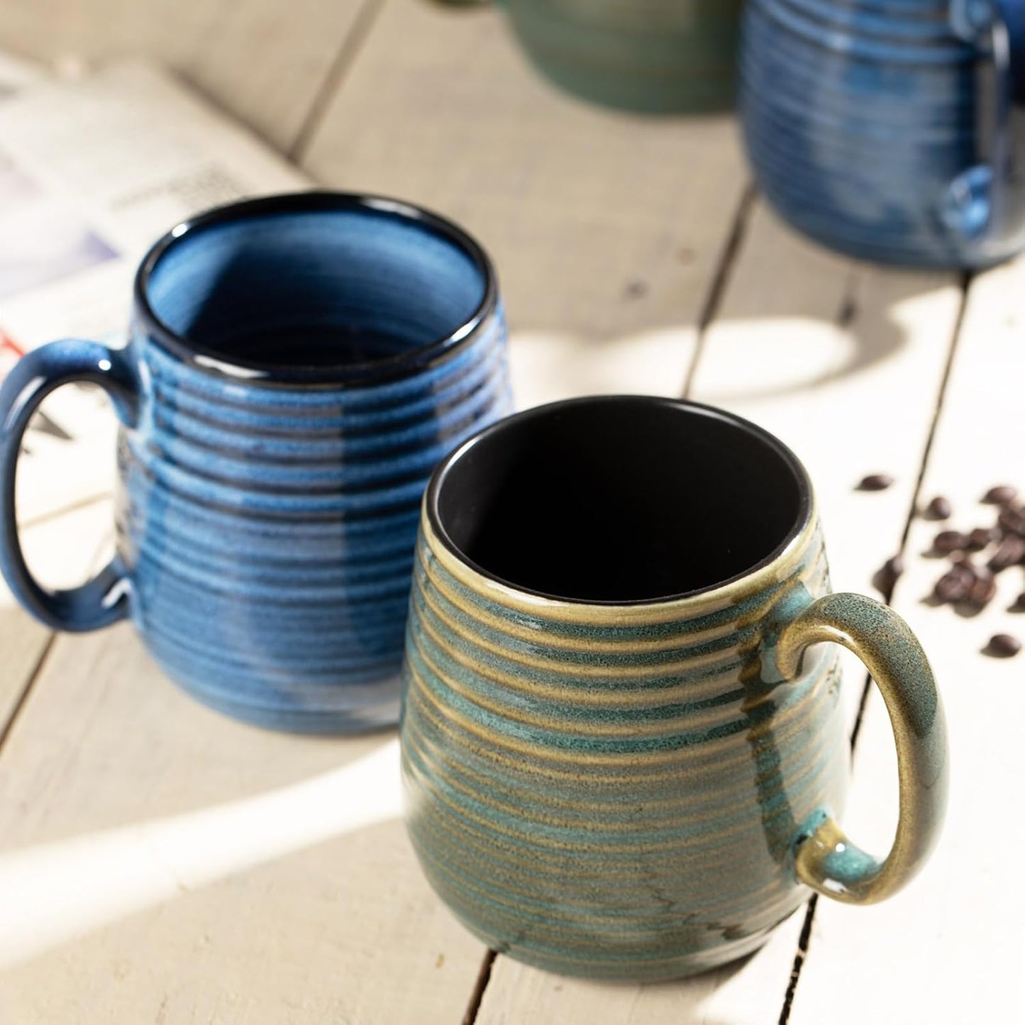 20 oz Large Ceramic Coffee Mug, Coffee Mugs for Women and Men, Big Tea Cups, Large Handle Handmade Pottery Mug for Office and Home, Microwave and Diahwasher Safe (Blue with Stripes, 1PCS)