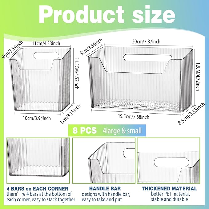 8 Pcs Storage Organizer Bins Wall Mounted Organizer Basket Plastic Cabinet Door Bins Stackable Hanging Baskets for Organizing for Wall Refrigerator Kitchen Bathroom Pantry(3.94'',Clear)