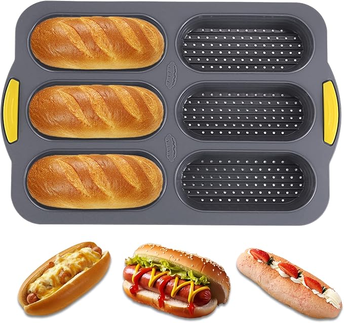 6-cavity Silicone Bread Loaf Pan, Nonstick Sourdough Loaf Pan & Heat Resistant Baguette Bread Pan, Bread Pans for Homemade Bread, Silicone Molds for Baking Hoagie Rolls, Hot Dog Bun