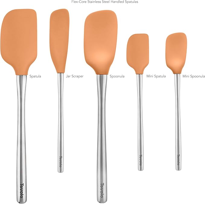 Tovolo Stainless Steel Handled Silicone Spatula Set of 5, Dishwasher Safe Kitchen Spatula Set for Cooking Baking, BPA Free Silicone Spatula set with Metal Steel Handle, Apricot Orange