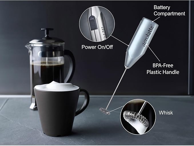 Aerolatte Steam-Free Milk Frother, Satin Finish, 18/8 Stainless Steel Whisk, BPA-Free Plastic Housing, Batteries Included