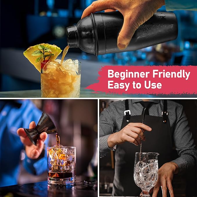 24oz Cocktail Shaker Set Martini Shaker Set Bartender Set with Margarita Mixer Drink Shaker, Measuring Jigger and Mixing Spoon - Professional 18/8 Stainless Steel Bar Tools for Mixed Drinks (Black)
