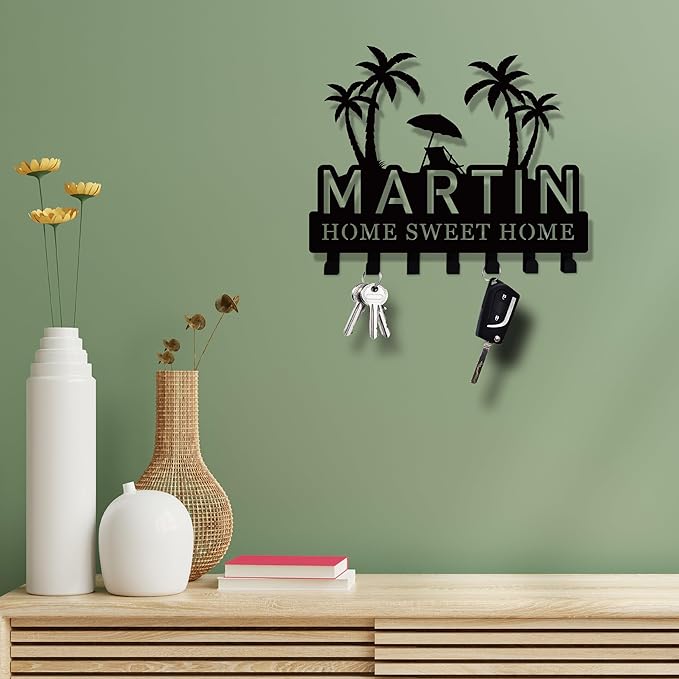 Personalized Palm Tree Key Holder for Wall, Custom Name Metal Key Rack, Wall Mounted Key Hanger for Entryway or Hallway, Decorative Keys Holder for Home, Housewarming Gift