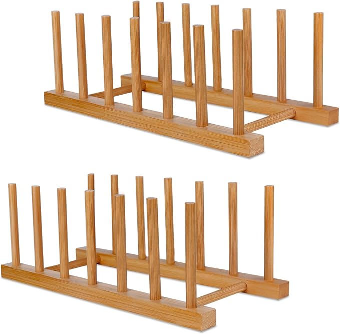 SAMEBUTECO Bamboo Wooden Dish Racks Plate Stand Holder Vertical Drainer Kitchen Cabinet Organizer for Dish, Pots, Lids, Bowls, Cups, and Cutting Boards and Books(2 Packs)