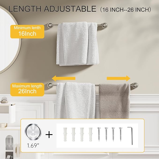 BESy Adjustable 16 to 26 Inch Bath Towel Bar Rack for Bathroom Towel Holder, Wall Mounted Towel Bar Rod Hanger Bathroom Hardware Accessories Hotel Style, Stainless Steel, Brushed Nickel