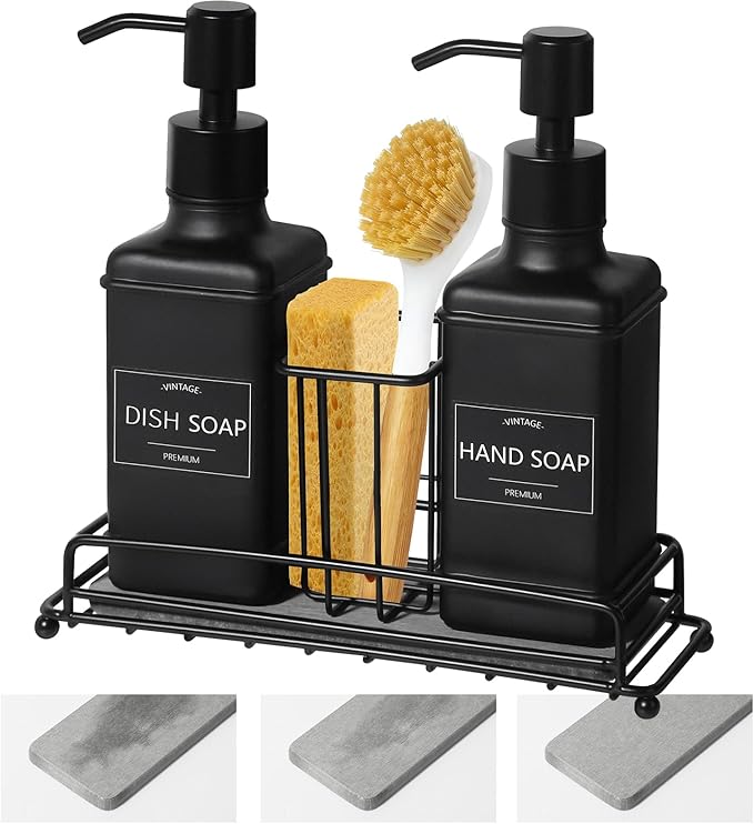 VIMERPA Dish Soap Dispenser with Adjustable Sponge Holder, 10 fl oz Kitchen Hand and Dish Soap Dispenser Set, Matte Black Bottle and Vintage Design