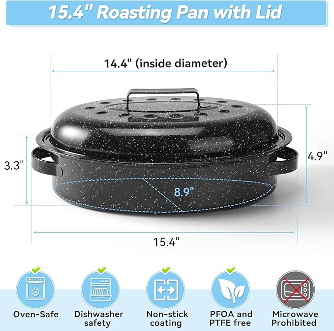 15.4" Roasting Pans for Ovens Porcelain Enameled Steel Oval Roaster Pan with Domed Lid for Turkey, Chicken, Vegetable, Lamb, Sourdough Bread