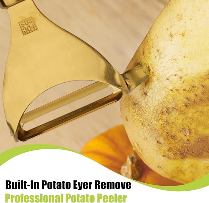 Potato Peelers,Premium 304 Stainless Steel Vegetable Peeler Set, Rosewood Handle For Kitchen, Veggie Fruit Peeler, Apple Carrot Cucumber Peeler，Ultra Sharp Rotary Blade, 2-Piece(Gold)