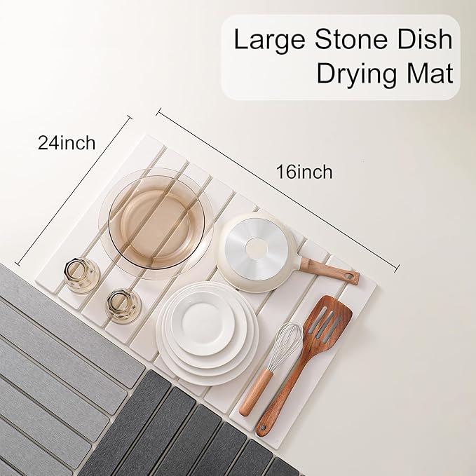 Large Stone Drying Mat for Kitchen Counter, 24''L x 16''W Diatomaceous Earth Collapsible Dish Drying Mat, Quick Drying Mat, Glasses and Flatware, Matches Any Countertop (Light Gray, 24'' x 16'')