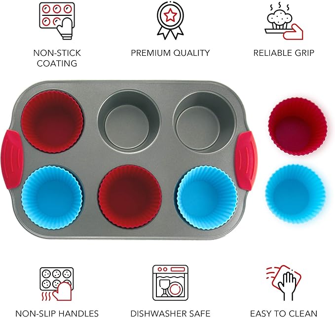 Baking Duo: Non-Stick Steel Jumbo 6 Cup Muffin Pan with Silicone Handles & Reusable Liners and 8x8 Inch Silicone Square Cake & Brownie Pan with Steel Frame Handles.