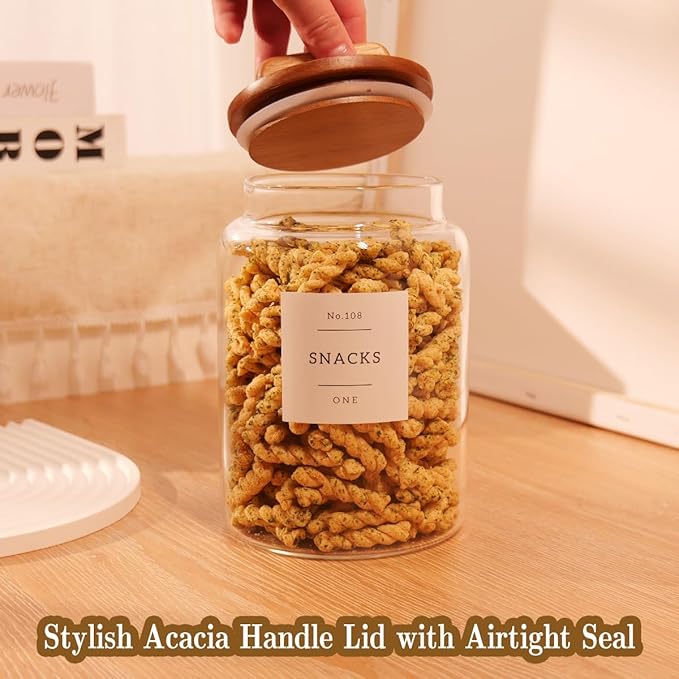 2 Pack Large Glass Flour and Sugar Containers with 132 Pantry Labels - 64 FL OZ Glass Canisters with Bamboo Airtight Lids - Farmhouse Glass Cookie Jars for Rice, Pasta, Cereal, Bath Salt