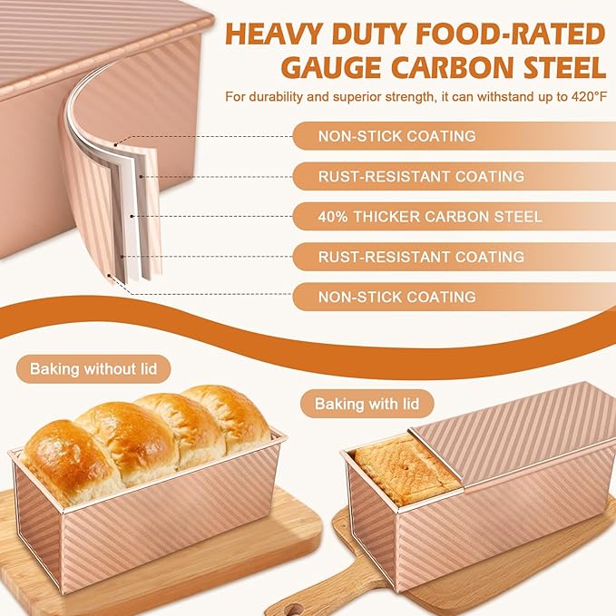 2Pack Large Bread Pan with Lids – 2.2LB Dough Capacity, Non-Stick Carbon Steel Bread Pans for Homemade Sandwich and Sourdough Bread, Corrugated Toast Mold(Gold)