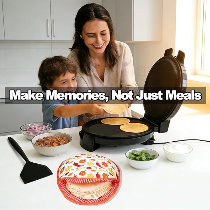 10" 1200W Electric Tortilla Press & Chapati Maker - for Roti, Crepes, Grilling | Includes Warming Bag & Spatula (Black)