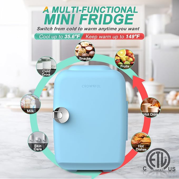 CROWNFUL Mini Fridge, 4 Liter/6 Can Portable Cooler and Warmer Personal Fridge for Skin Care, Cosmetics, Food,Great for Bedroom, Office, Car, Dorm, ETL Listed (Blue)