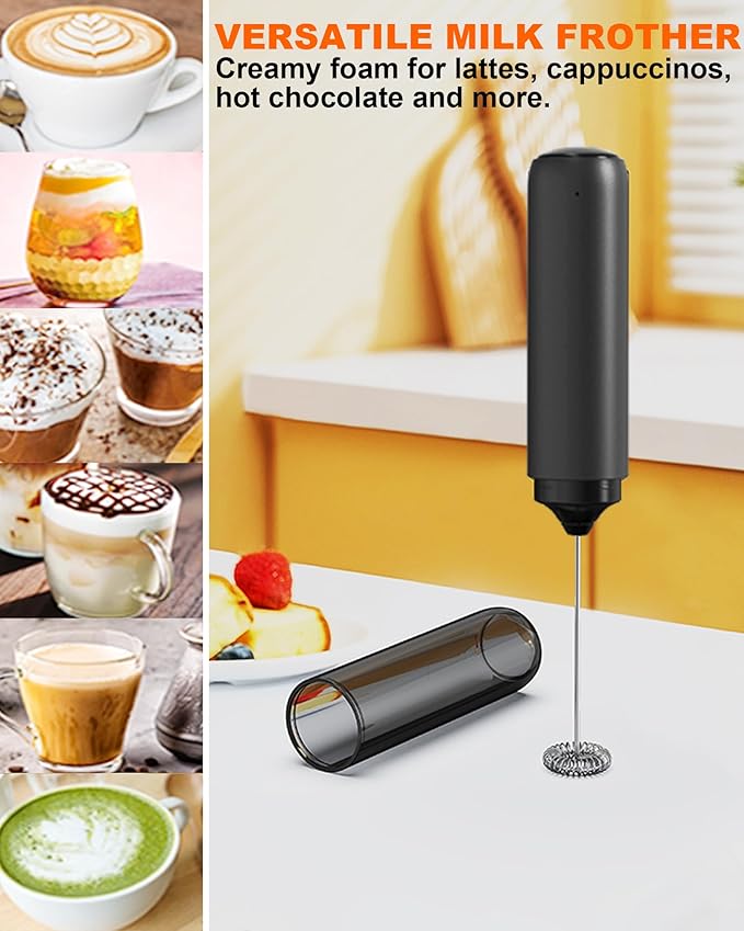 Rechargeable Milk Frother with Cover, Easy to Carry Drink Mixer Handheld, Electric Frother Wand for Coffee, Matcha, Latte, Cappuccino, Hot Chocolate, Kitchen Gifts, Black
