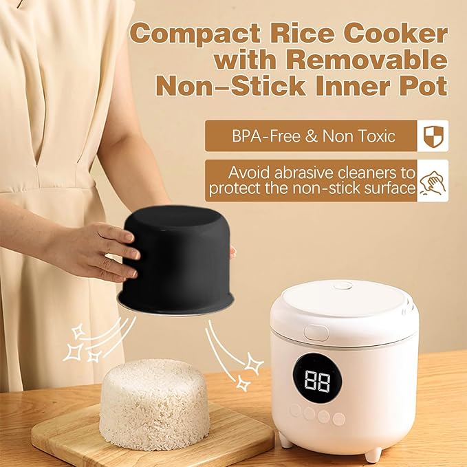 Mini Rice Cooker 2-Cup Uncooked / 4-Cup Cooked, 1.7Qt Portable Small Rice Maker with Auto Keep Warm & 24H Timer Delay for Oatmeal, Quinoa, Soup, Non-Stick Inner Pot Easy to Clean