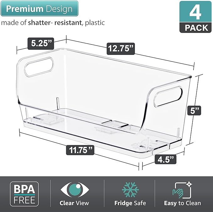Sorbus Stackable Storage Bins Open Front, Clear Stackable Storage Bins, Pantry Bins for Storage and Organization, Acrylic Stackable Bins for Kitchen, Clear Pantry Organizer Bins (Small Wide 4 Pack)