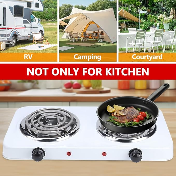 Electric Countertop Burner, Double Burner, 2000W Induction Cooktop, Portable Electric Hot Plate, 5 Level Adjustable Temperature Control Cooking Ranges for Home Dorm Camping Cooking(White Coil)