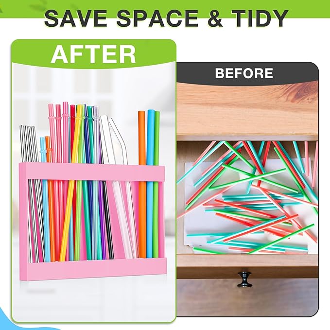 Qinyoung Acrylic Straw Holder for Cabinet Door with Double Sided Adhesive Tape Reusable Straw Organizer Tumbler Storage Kitchen Accessories Container for Counter Cupboard(Classic,Large,Pink)
