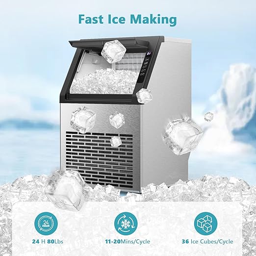 COWSAR Commercial Ice Maker Machine, Self-Cleaning Ice Machine for Home, Bar, Restaurant, Office and Outdoor，80Lbs/24H Freestanding Undercounter Ice Maker with 24Lbs Storage Capacity