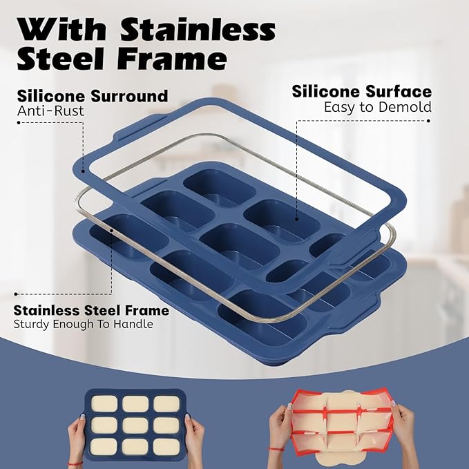 Silicone Mini Loaf Pans Baking: 9 Cavity Nonstick Mini Bread Loaf Pans with Metal Frame - Small Banana Bread Tins Tray for Baking Pumpkin Cornbread Meatloaf - for Oven Home Bakers Housewife (2 Pcs)